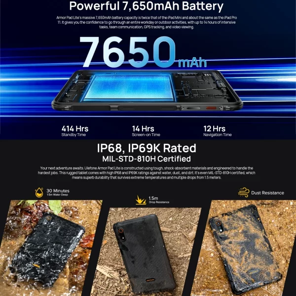 Ulefone Armor Pad Lite Rugged Tablet PC 8 inch Android 13 MediaTek MT8766 Quad Core 3GB+32GB 7650mAh 13MP Camera NFC Google Pay - Image 3