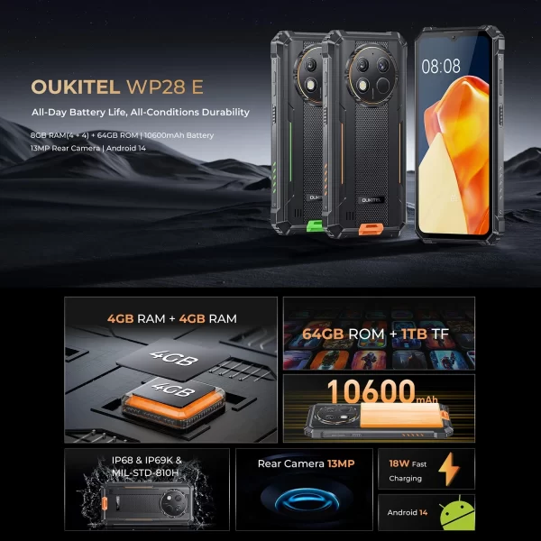 Oukitel WP28 S Rugged Smartphone 10600mAh Battery 6.52‘' HD+ Android 14 Mobile Phone Octa-core 4GB 128GB 13MP Camera 18W NFC 4G - Image 2