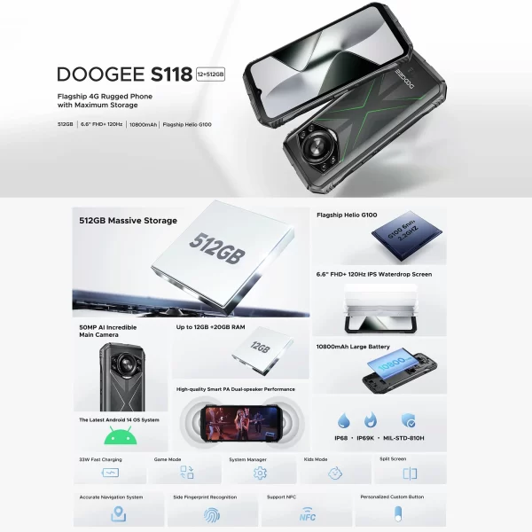 DOOGEE S118 Rugged Smartphone 6.58 inch IPS Screen 12GB+512GB Helio G99 10800mAh 50MP Camera 33W Android 14 NFC Mobile Phone - Image 2