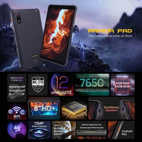 Ulefone Armor Pad Rugged Tablet PC Android 12 Phablet Helio G25 Octa Core 4+64GB 8'' Screen 7650mAh uSmart Expansion 4G LTE WIFI - Image 2