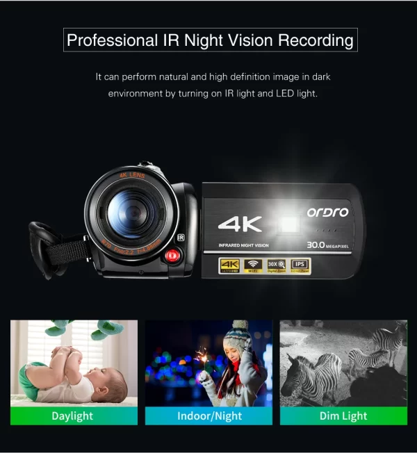 Ordro AC3 Video Camera 4k Camcorder Professional, 30X Digital Zoom Infrared Night Vision Youtube Vlogging Recorder for Blogger - Image 2