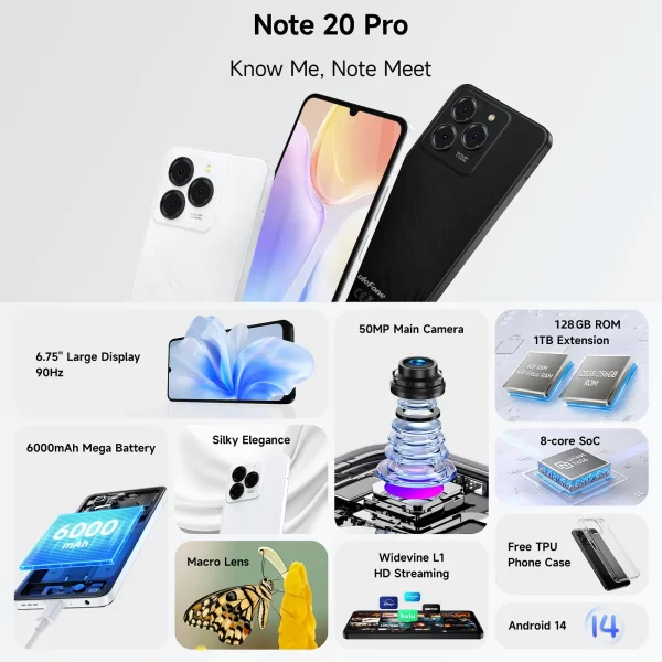 Ulefone Note 20 Pro Smartphone 50MP Camera 6000mAh Battery 4GB+128GB/ 256GB Unisoc T606 6.75" 90Hz 4G Android 14 Mobile Phone - Image 2