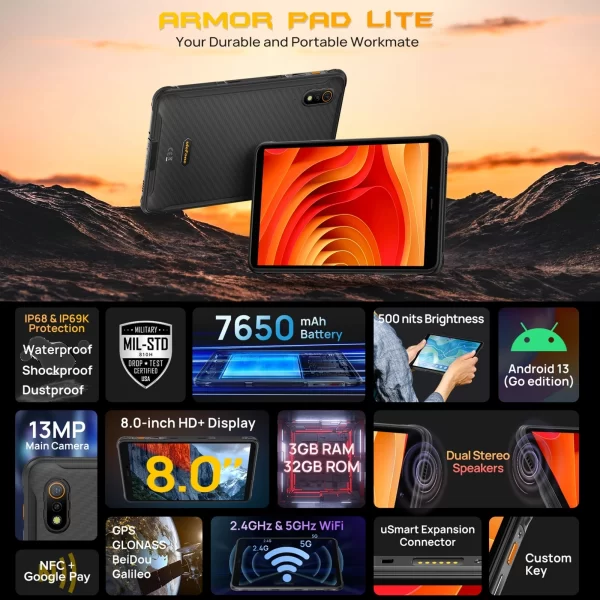 Ulefone Armor Pad Lite Rugged Tablet PC 8 inch Android 13 MediaTek MT8766 Quad Core 3GB+32GB 7650mAh 13MP Camera NFC Google Pay - Image 2