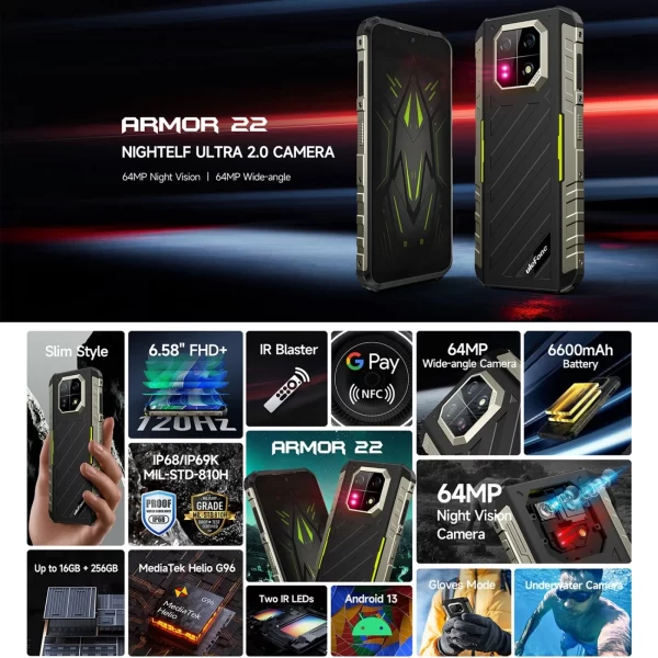 Ulefone Armor 22 Rugged Android 13 Mobile Phone 8GB+128/256GB Global Smartphone 6600mAh 64MP Night Vision Camera World Premiere - Image 2
