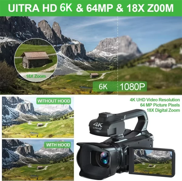 Full 6K Camcorder 64MP Youtuber Professional Digital Video Camera Streaming Auto Focus Photography Vlog Recorder 4" Touch Screen - Image 4