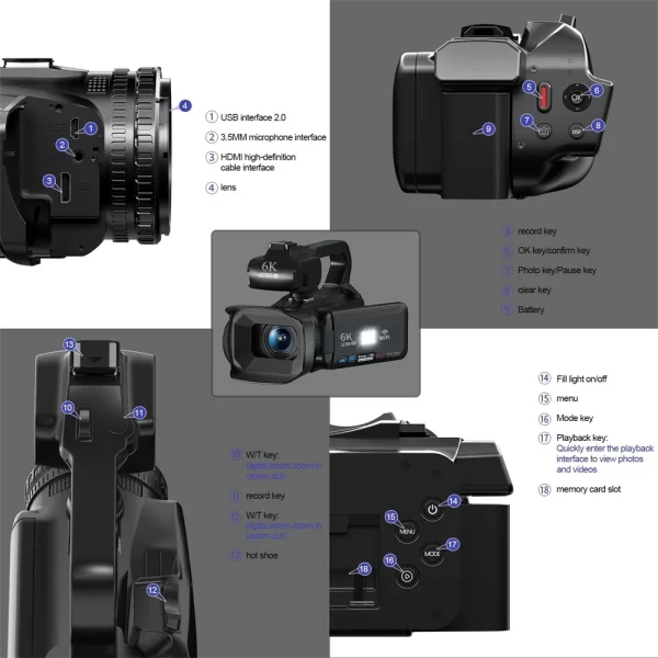 6K Ultra HD Professional Video Cameras for Photography 18X Digital Zoom YouTube Live Streaming Camcorders 64MP Vlogging Recorder - Image 2