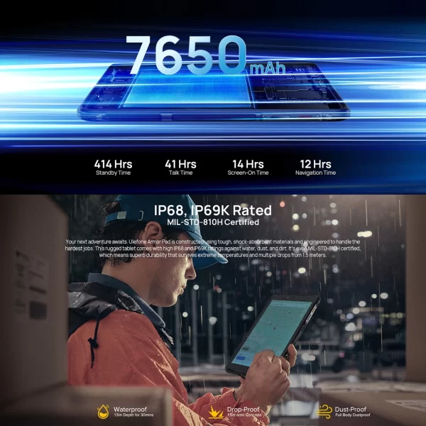 Ulefone Armor Pad Rugged Tablet PC Android 12 Phablet Helio G25 Octa Core 4+64GB 8'' Screen 7650mAh uSmart Expansion 4G LTE WIFI - Image 4